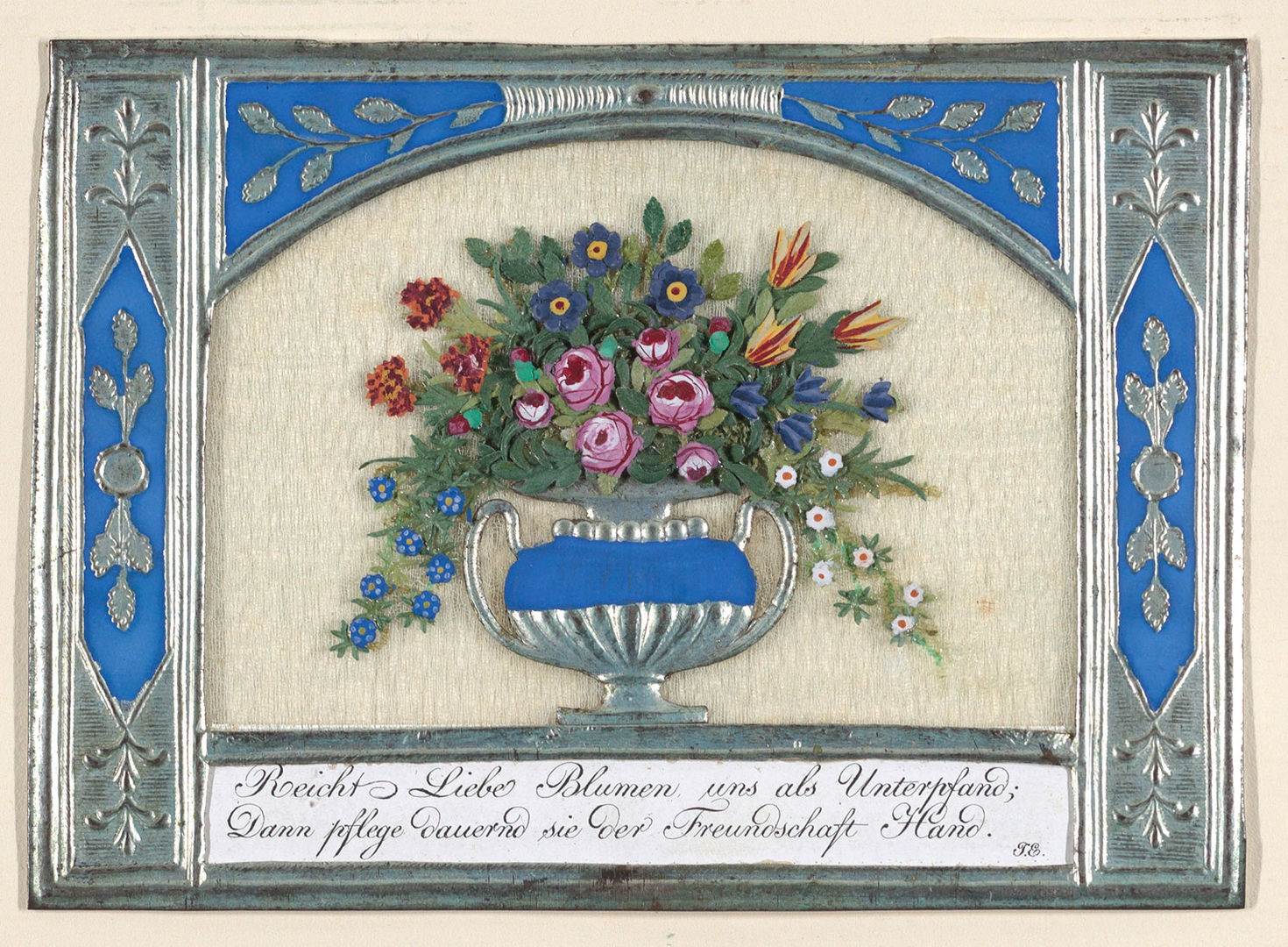 Collaged greeting card depicting a silver and blue vase with flowers in silver and blue frame.