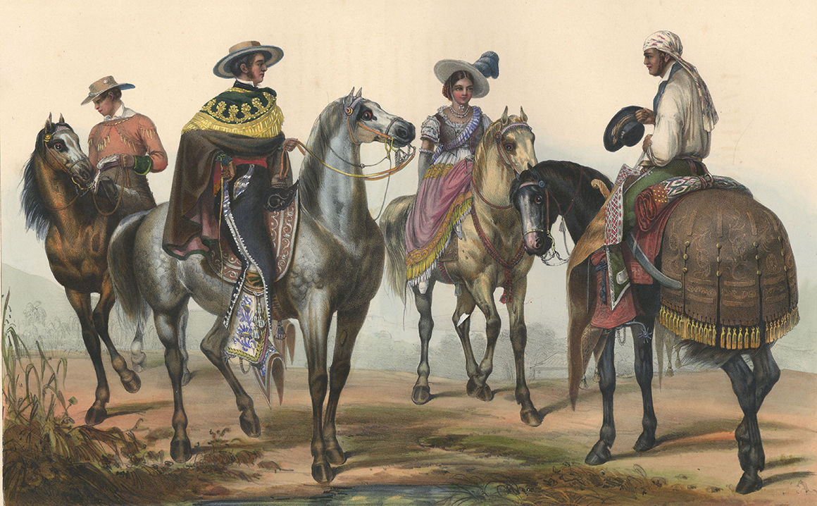 Lithograph depicting four colorfully-dressed people on horseback.