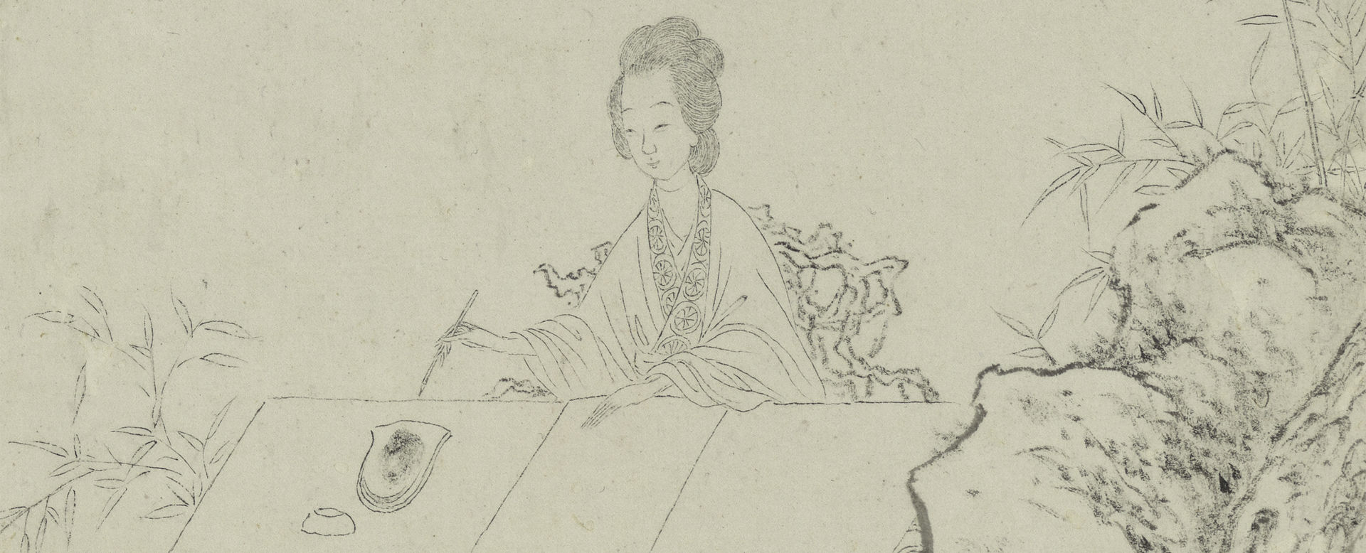 An ink painting of a woman sitting at a desk in a garden with a brush in one hand about to use the inkstone and blank paper in front of her