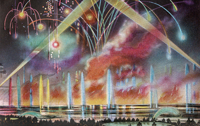 Detail view of a 1939 postcard featuring an image of celebratory fireworks on the river
