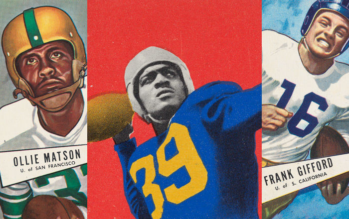 Composite image of detail views from three vintage football cards