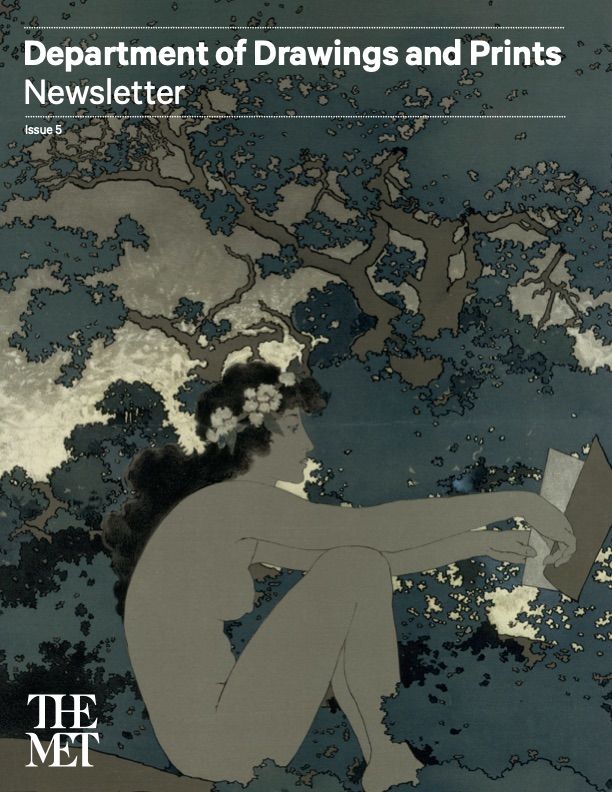 Cover of the Drawings and Prints 2023 Newsletter featuring a literary poster illustration of a nude woman wearing a floral crown and reading a book in a forest landscape.