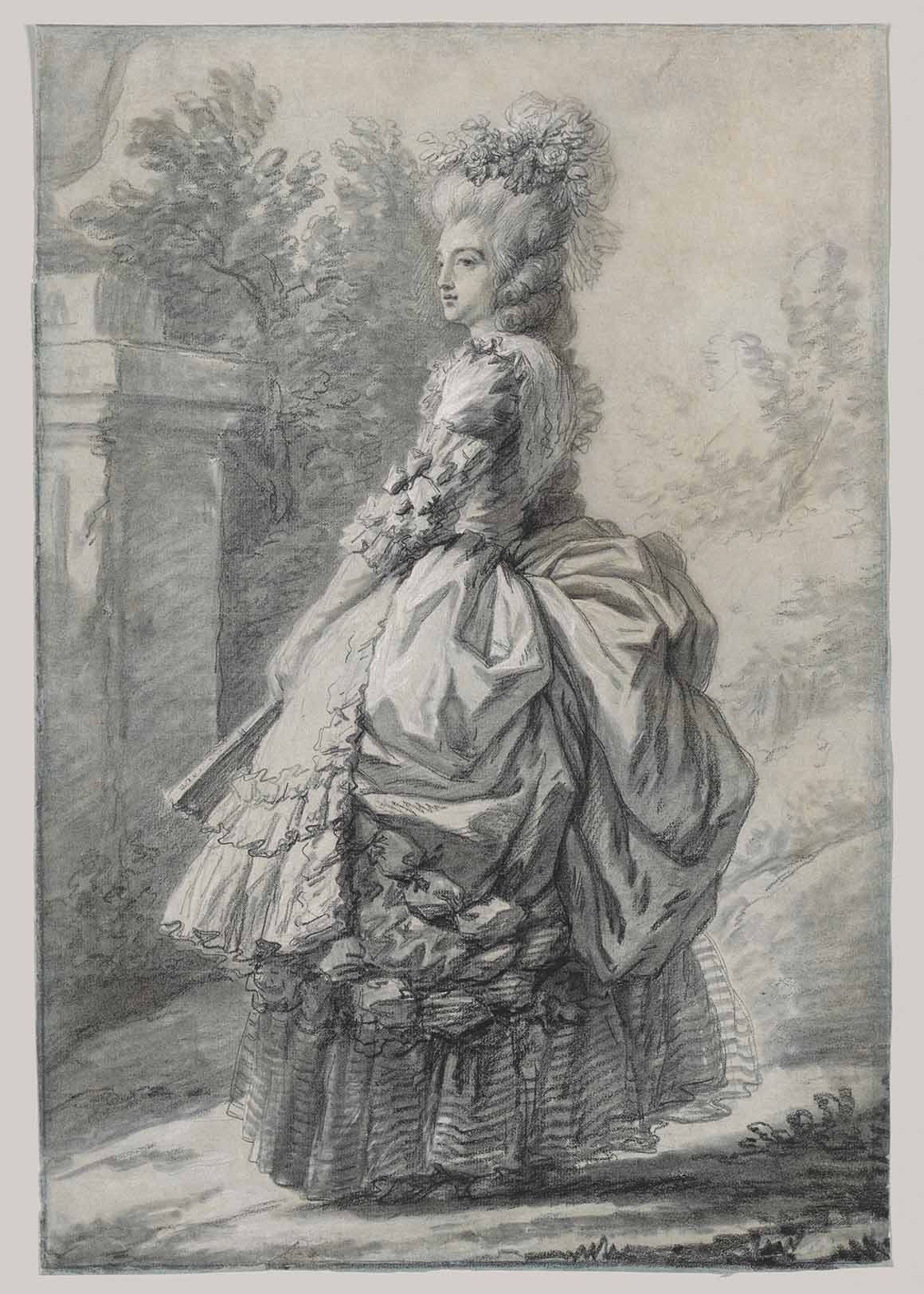 A black, stumped, and white chalk drawing on blue paper of Marie Antoinette standing in a park by Elisabeth Louise Vigée Le Brun.