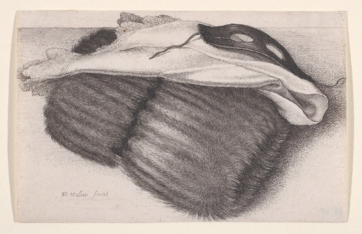 An etching and engraving of a muff, handkerchief, and mask laying on a surface by Wenceslaus Hollar.