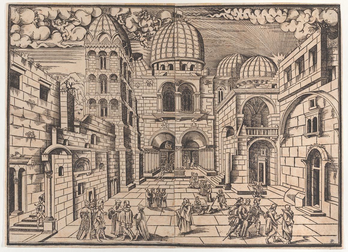A woodcut by Domenico dalle Greche of The Church of the Holy Sepulchre, Jerusalem.