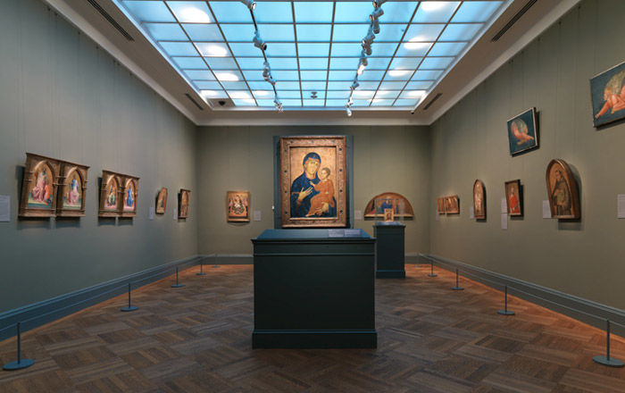 View of a gallery of medieval paintings from Europe