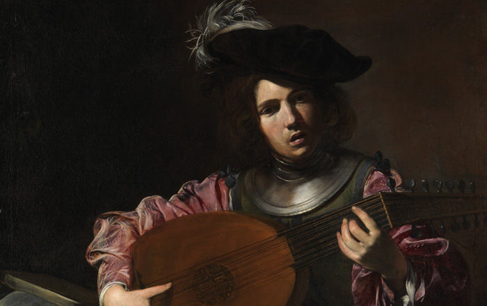 Detail view of Valentin de Boulogne's The Lute Player