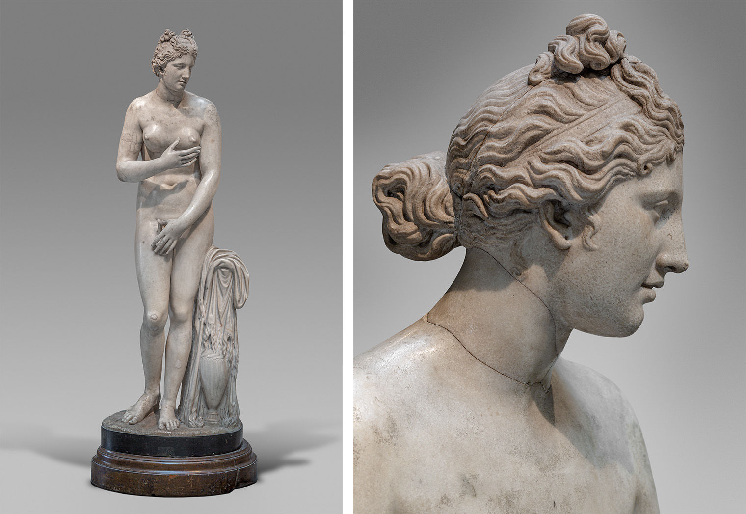 On left: Marble statue of Aphrodite. Her right hand moves to hide her breasts while her left hand covers her pubic area. On right: Close up on side profile of marble statue of Aphrodite. 