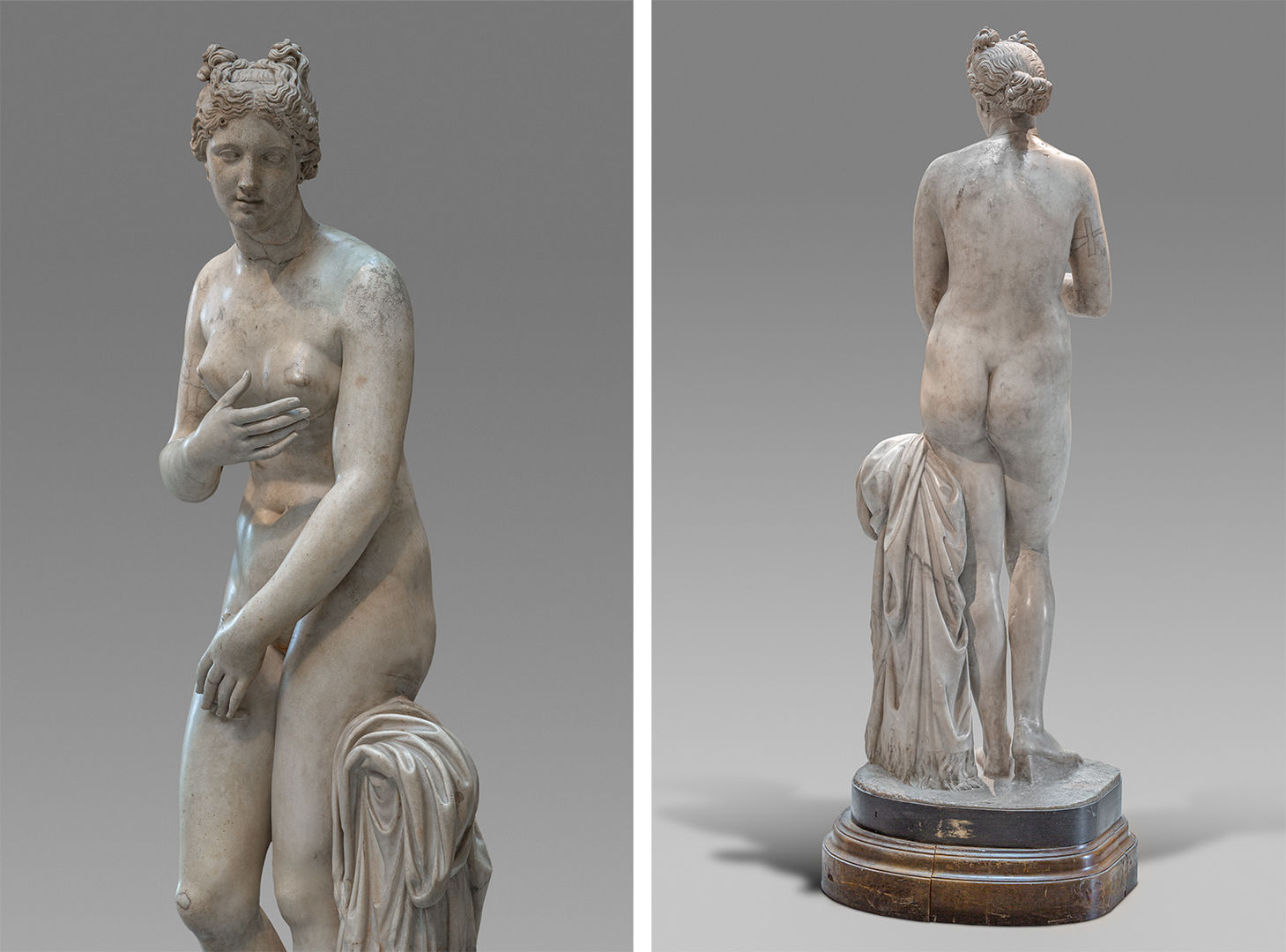 On left: Three quarters view of marble statue of Aphrodite. Her right hand moves to hide her breasts while her left hand covers her pubic area. On right: View of marble statue of Aphrodite from behind.