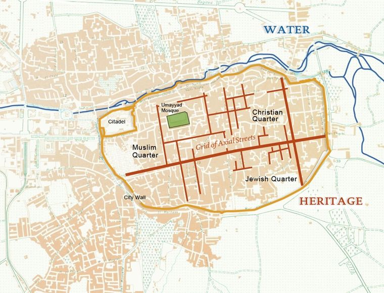 Map of the city of Damascus highlighting heritage and water