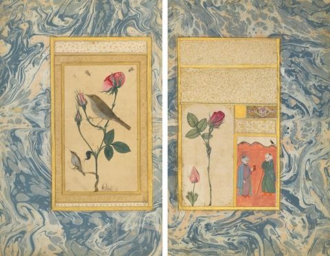 a side by side image of the verso and recto of an 18th century ottoman album page depicting two nightingales in a rose bush on the left, and a rose stem with two small figures on the right, both depicted against a blue marbled background