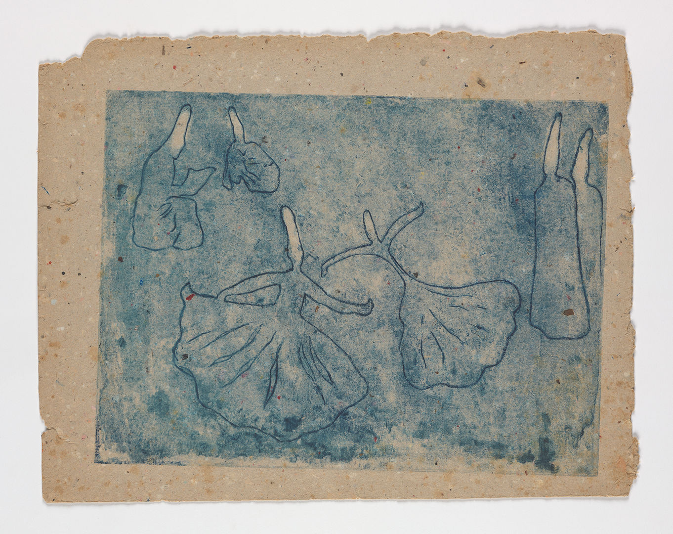 an etching on paper by Aliye Berger depicting two central dancing dervishes, two seated figures on the left, and two standing figures on the right in a field of blue on speckled tan paper