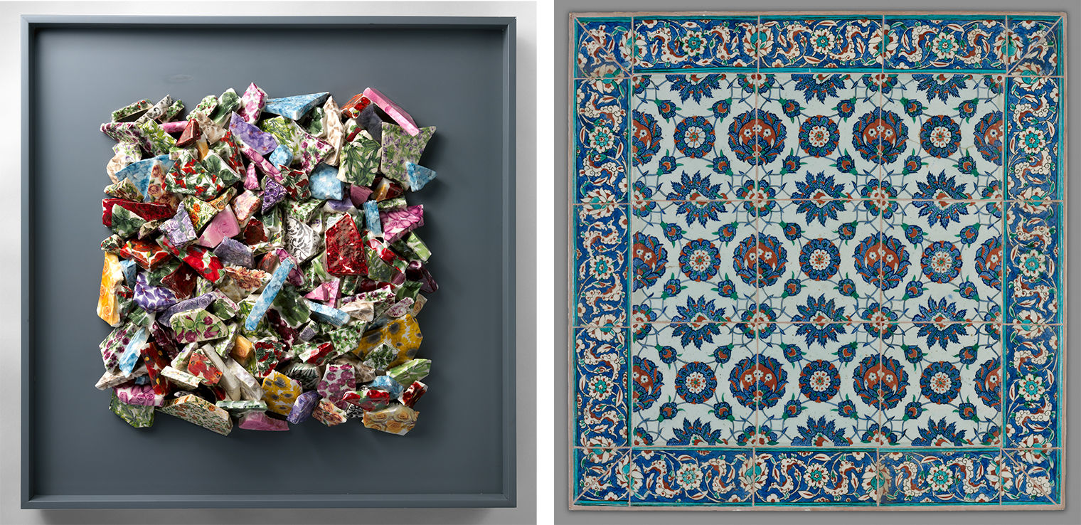 a side by side image of two ceramic artworks, a contemporary artwork made of floral ceramic fragments on the left, and a 16th century Iznik tile panel depicting a repeating floral motif in reds, blues and teals
