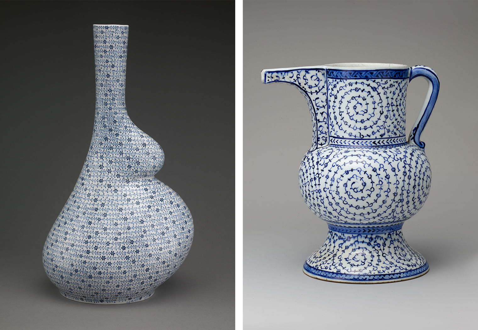 a side by side image of two Iznik ceramic vessels, a contemporary blue and white ceramic vessel in the shape of a pregnant woman on the left, and a blue and white ceramic ewer from the 16th century on the right 