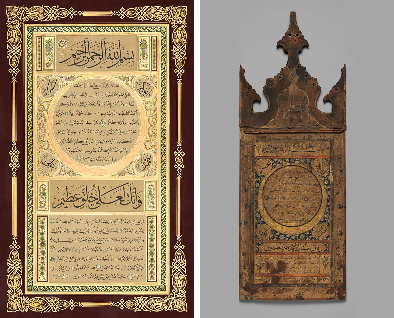 a side by side of two artworks, a contemporary hilye with a deep red border, gold detailing, and calligraphy on the left, and an 18th century wooden hilya with watercolor, ink, and gold on the right