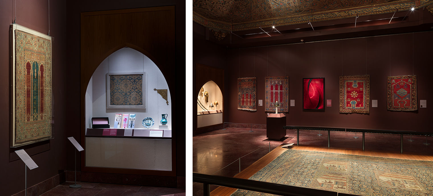 A side by side of two gallery views of the installation, Dialogues: Modern Artists and the Ottoman Past, in the Koç Family Galleries - Carpets, Textiles and the Greater Ottoman World and Arts of the Ottoman Court (14th–20th centuries) depicting a glass wall case and carpet on the left, and on the right, a glass case on the left, a carpet in the foreground, and a wall case, carpets, and a modern artwork on the wall in the background