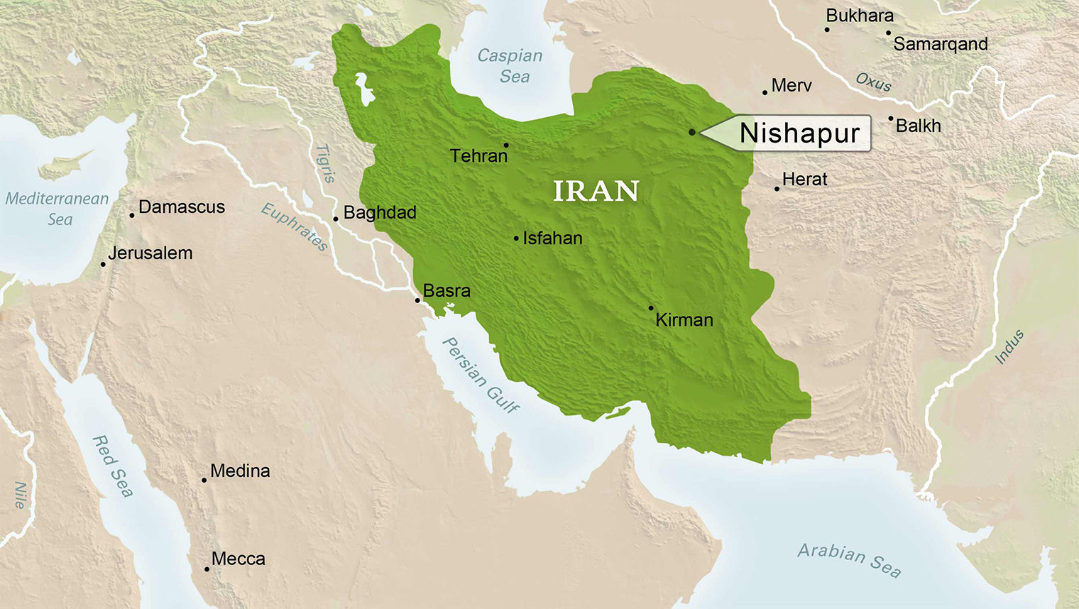Map of Iran highlighted in green with a dot on the Northeast showing the location of Nishapur