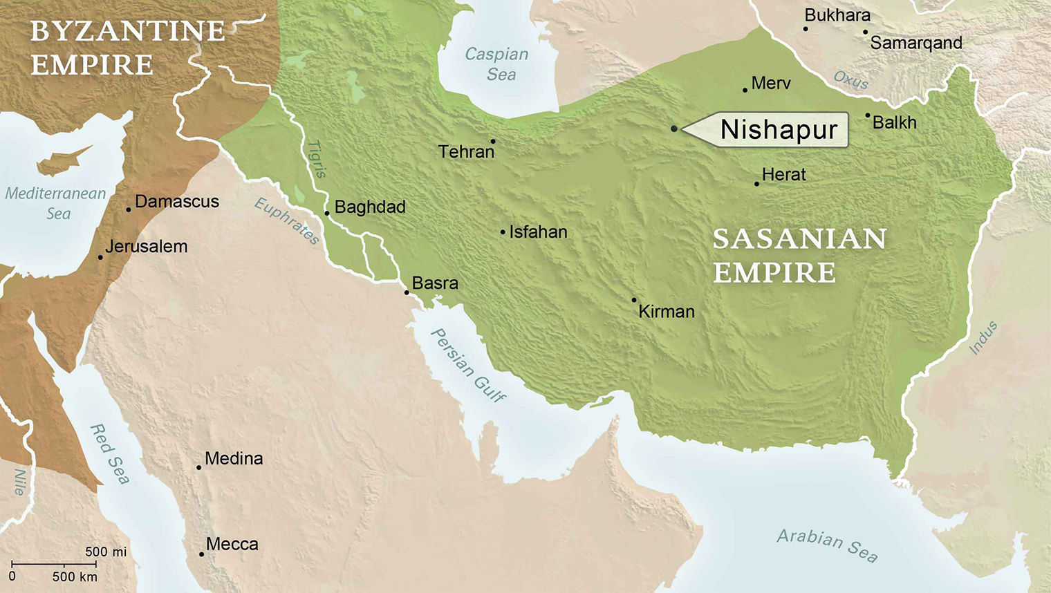 Close up map of Iran showing area of the Sasanian Empire highlighted in green and area of the Byzantine Empire highlighted in brown with a dot on the Northeast showing the location of Nishapur