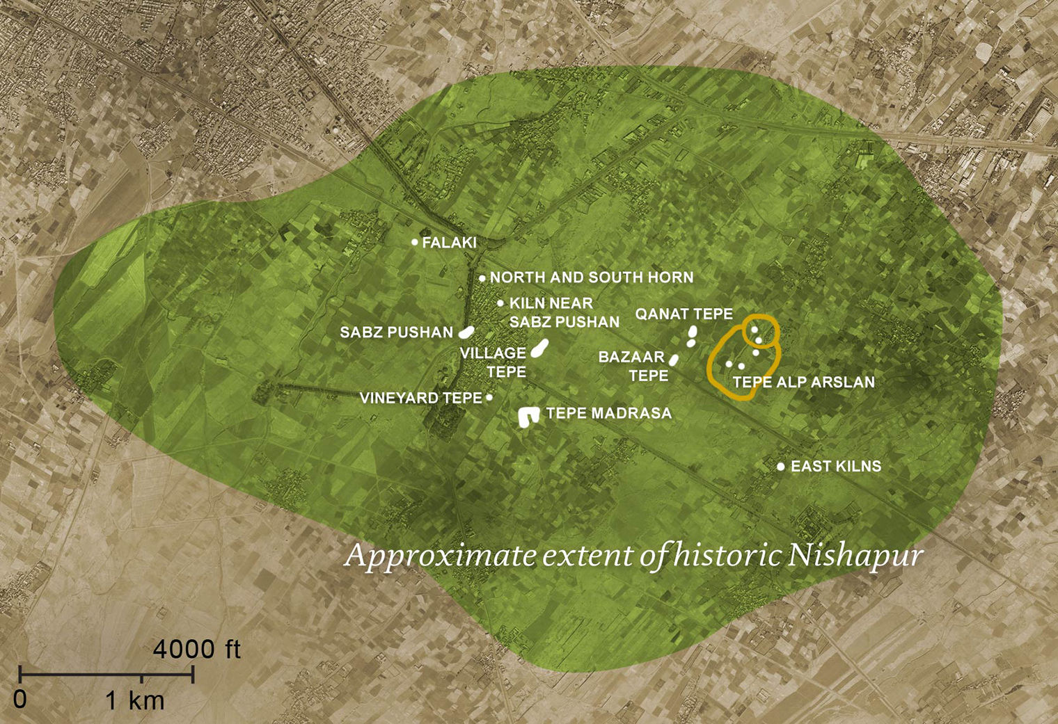 Aerial map of historic Nishapur highlighted in green showing approximate extent with different sites written in white text