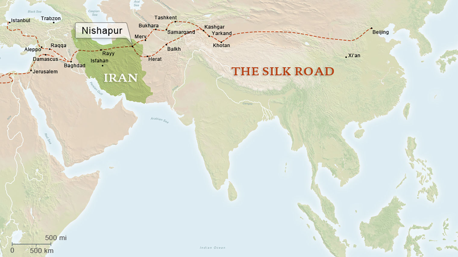 Map of the Silk Road trade route with Iran highlighted in green with a dot on the Northeast showing the location of Nishapur along the route