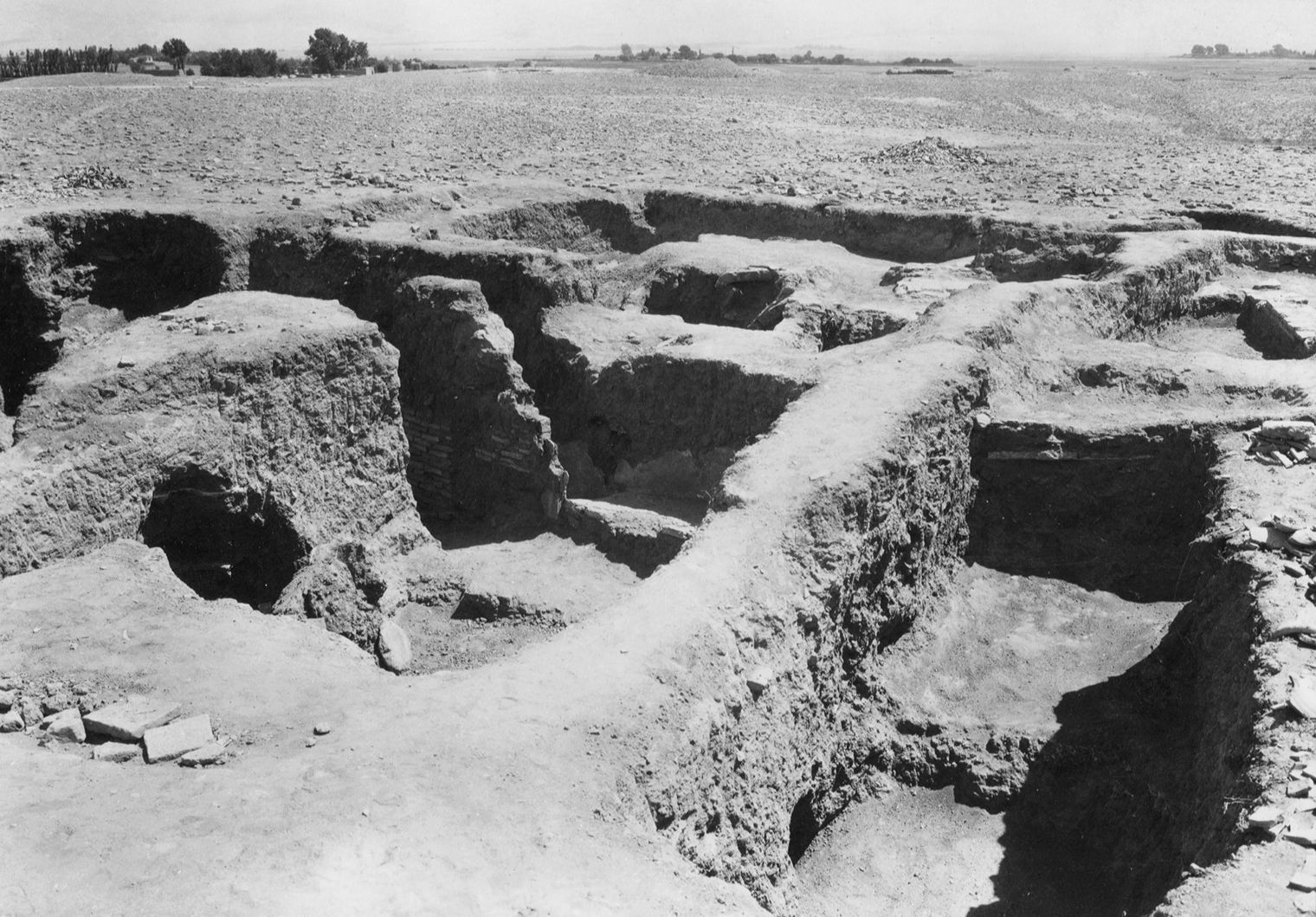 black and white photo of an excavated residential area in Tepe Alp Arslan