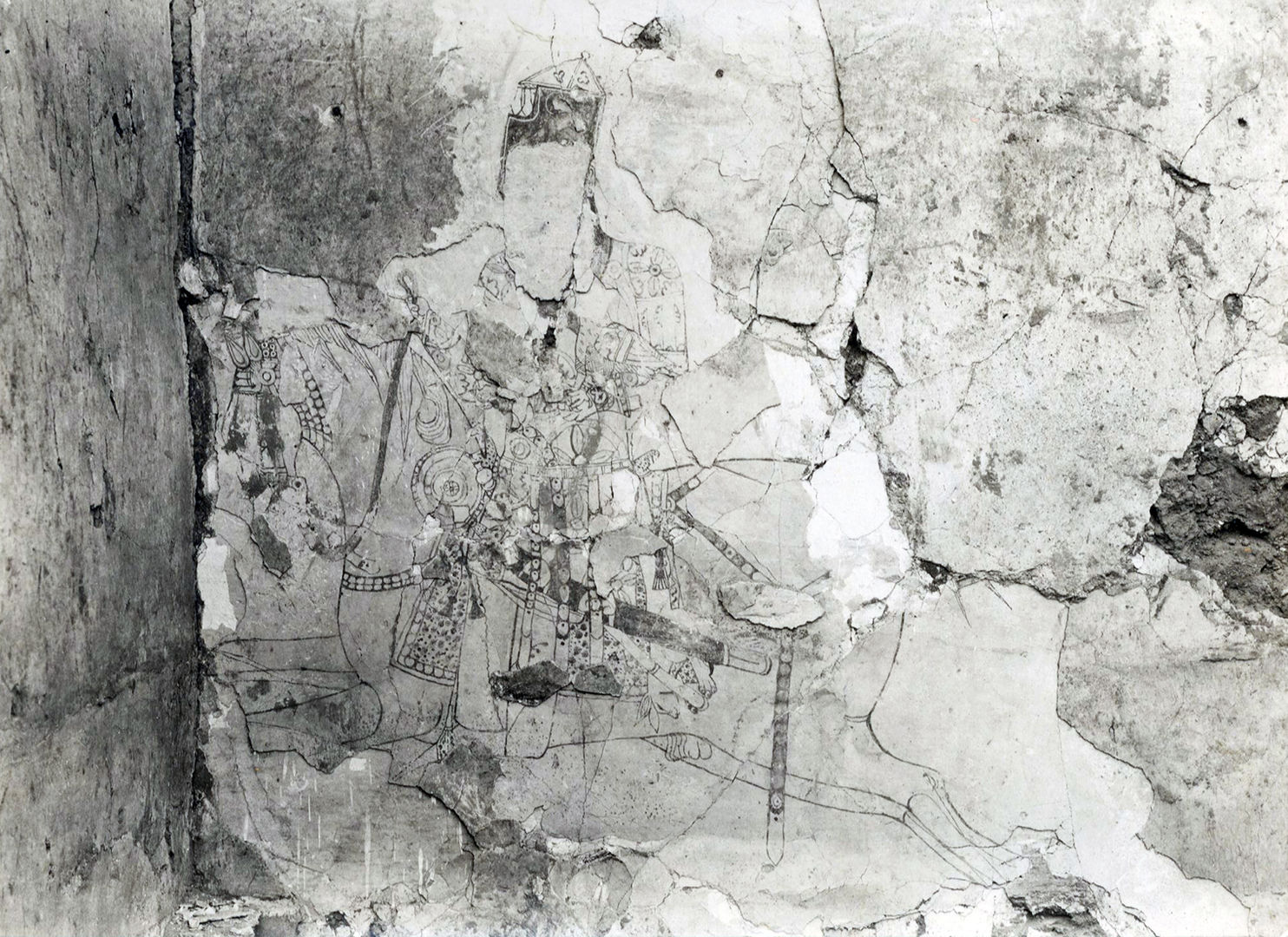 black and white photo of an excavated mural in Vineyard Tepe of a mounted huntsman