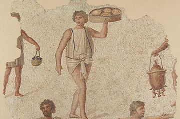 Ancient roman mosaic depicting daily life, with a central figure of a man in a tunic carrying a tray of bread. surrounding him are smaller figures engaged in various tasks, including carrying a basket and a pot.