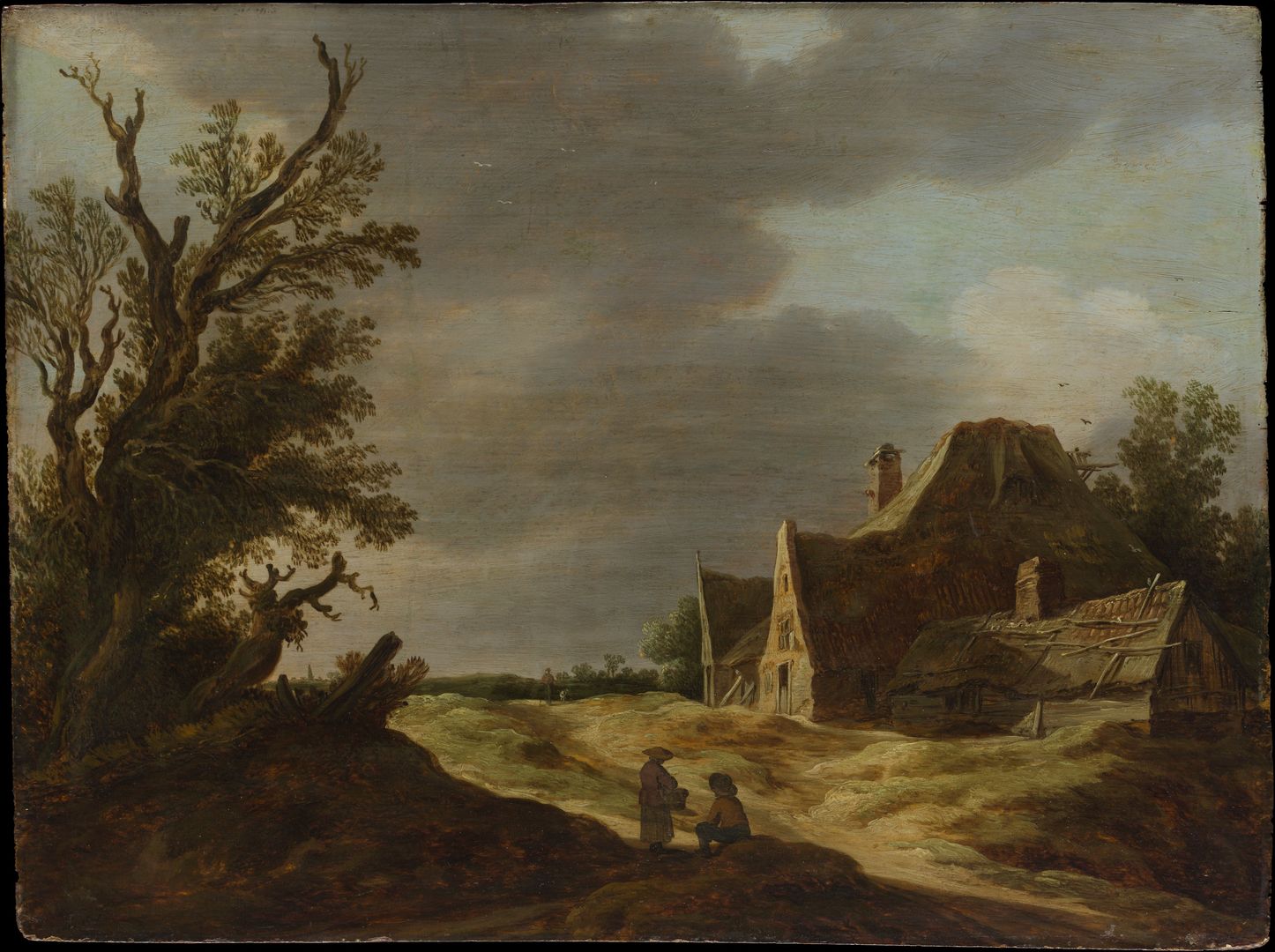 An overcast rural landscape with a tree in shadows in the left foreground, two figures and a sandy road in the midground, and a farmhouse in the right background.