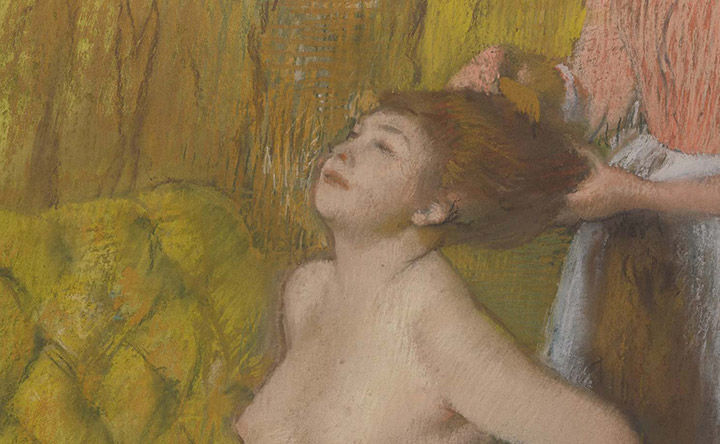 Painting of a woman in a pink dress brushing a naked woman's hair.