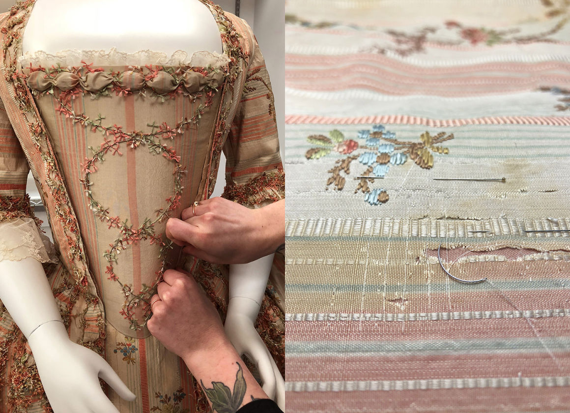 Composite image: one the right, a pair of hands performs detailed work on a gown dressed on a standing mannequin; at right, a piece of textile patterned with stripes and delicate florals rests across a flat surface