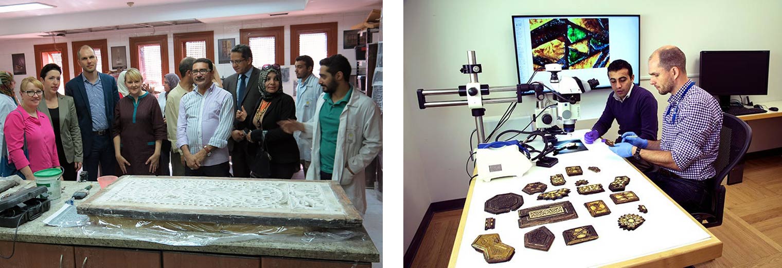 Composite image: A group photo of Met conservators and representatives from Smithsonian gathered around an art object (right) and two Met conservators looking at object fragments in a lab with a microscope