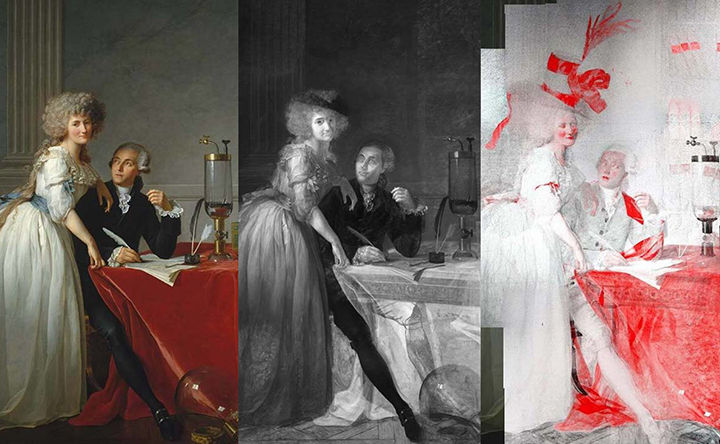 Three images side by side, each depicts the same section of David’s portrait of Antoine Laurent Lavoisier and Marie Anne Lavoisier. At left, Monsieur Lavoisier sits at a table covered in thick, red velvet tablecloth, looking at his wife. Madame Lavoisier stands to his right with her left arm lovingly draped across his shoulder. Center, an infrared reflectogram (an imaging technique that visualizes underlying compositions in a painting) shows initial features that were subsequently painted over. At right, an X-ray Fluorescence map (an imaging technique where elements contained within pigments are visualized with false colors) shows that initially Madame Lavoisier wore a large hat decorated with ribbons and artificial flowers which the artist decided to paint over.
