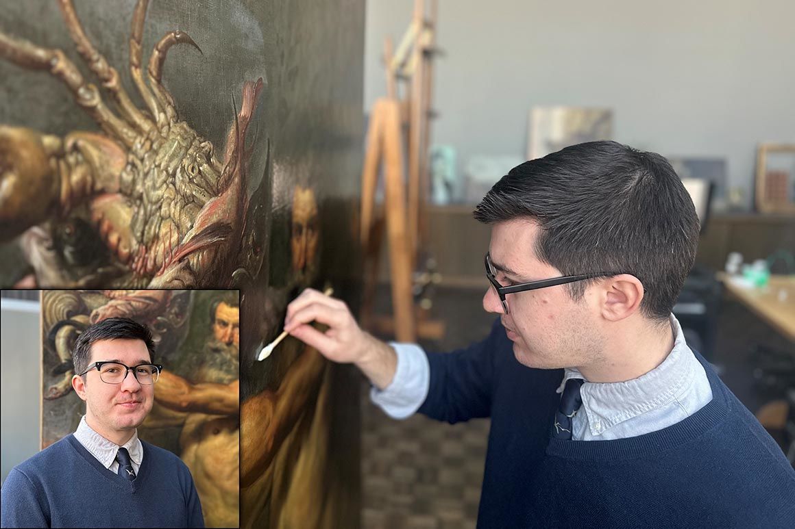 Fellow Derek Lintala treating the painting, Two Tritons at the Feast of Acheloüs.