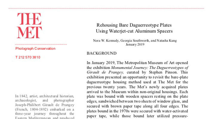 Detail of a PDF of document on Rehousing Bare Daguerreotype Plates Using Waterjet-cut Aluminum Spacers