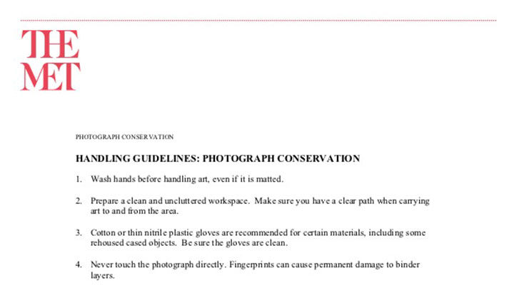 Detail of a PDF document outlining Handling Guidelines for Photograph Conservation