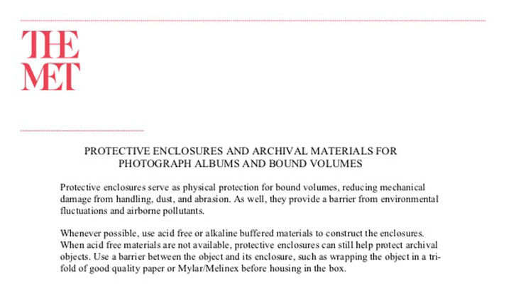 Detail of a PDF document outlining Protective Enclosures and Archival Materials for Photograph Albums and Bound Volumes