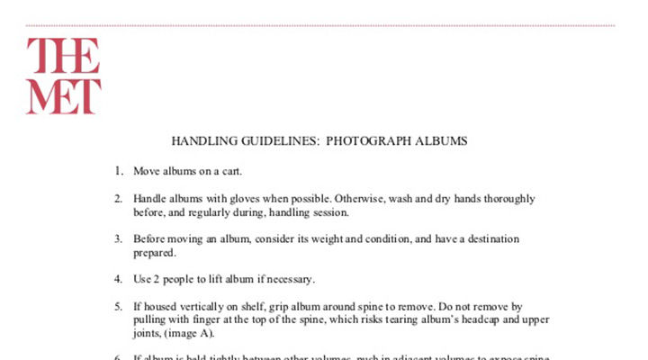 Detail of a PDF document outlining Handling and Mounting Guidelines for Photograph Albums