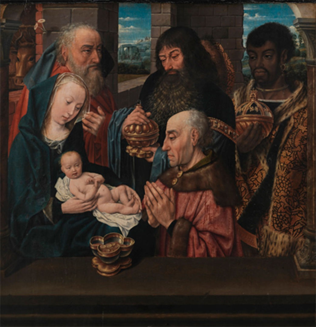A detail of The Adoration of the Magi, a copy after Hugo van der Goes. It shows Joseph, the Virgin, and the Christ Child in the foreground, while the three magi stand behind them.