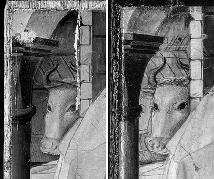 Details from the infrared reflectogram of the Metropolitan panel (left) and the Copenhagen panel (right). An interesting observation also is that the rope around the Copenhagen ox is present in the underdrawing phase but has been left out in the final painted picture, yet retained in the Met painting, as shown previously (fig. 3)