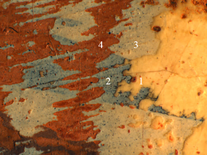 Photomicrograph showing: 1) the ground; 2) the underdrawing; 3) the gray-white priming layer; 4) the red paint from Joseph's robe