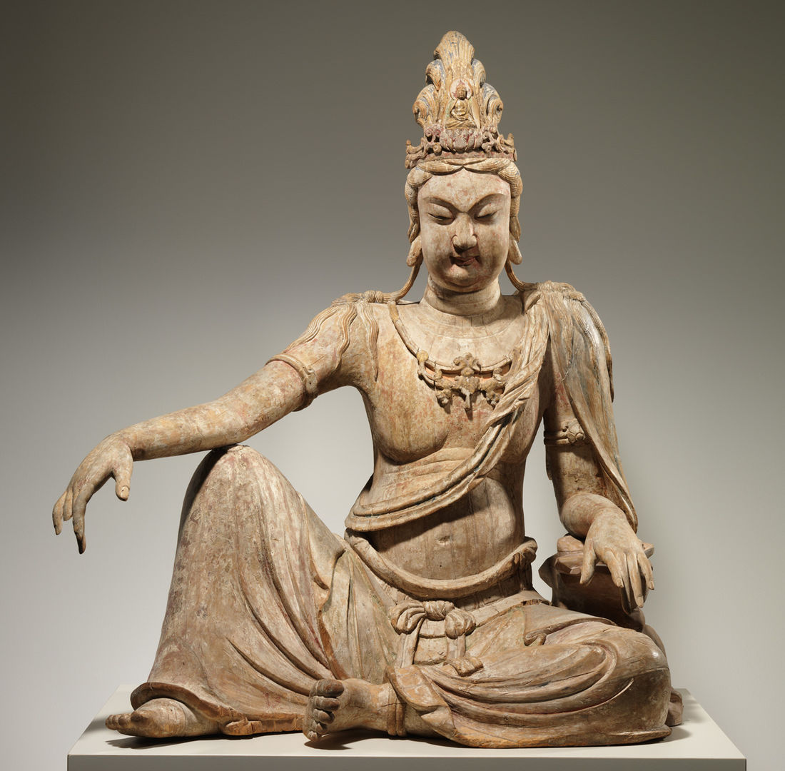 Bodhisattva Avalokiteshvara in "Water Moon" Form (Shuiyue Guanyin), 11th century. China. Liao dynasty (907–1125). Wood (willow) with traces of pigment; multiple-woodblock construction.