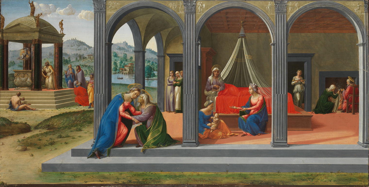 Granacci’s Scenes from the Life of Saint John the Baptist ca. 1506-7 in an Italian landscape. At the far left in the midground, men in robes walk up steps to an altar canopy. In the foreground, three quarters of the painting is dominated by a large building with an open colonnade and populated by several women in Renaissance garb.