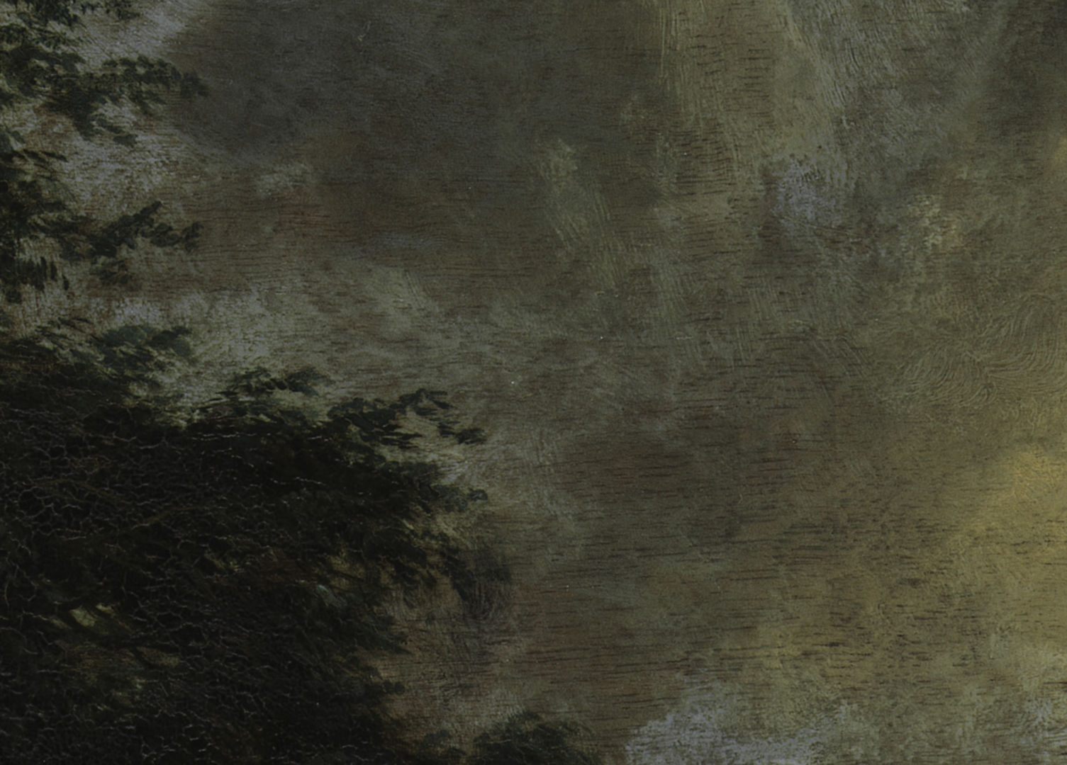 Fig. 4. Detail from Meyndert Hobbema, Village Among Trees, 1655. The Frick Collection, New York, Henry Clay Frick Bequest (1902.1.73). This detail, before treatment, shows the transparency caused by soap formation that makes the dark pores of the wood grain visible.