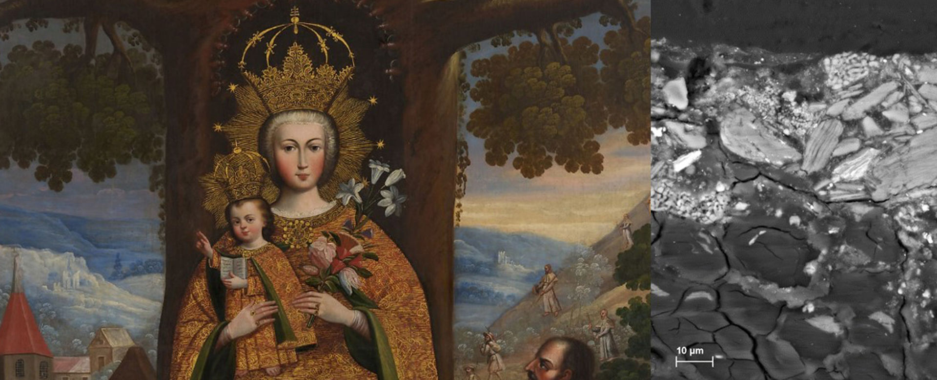 Two images side by side. At left, a close-up of a large 18th-century Cuzco School painting depicting the Virgin of Valvanera. She holds the Holy Child with her right hand and a bouquet of flowers in her left. At right, a magnified paint sample in black and white shows the different pigments and particles in the paint and ground layers of the artwork. A 10-microns scale bar denotes the magnification in the corner.
