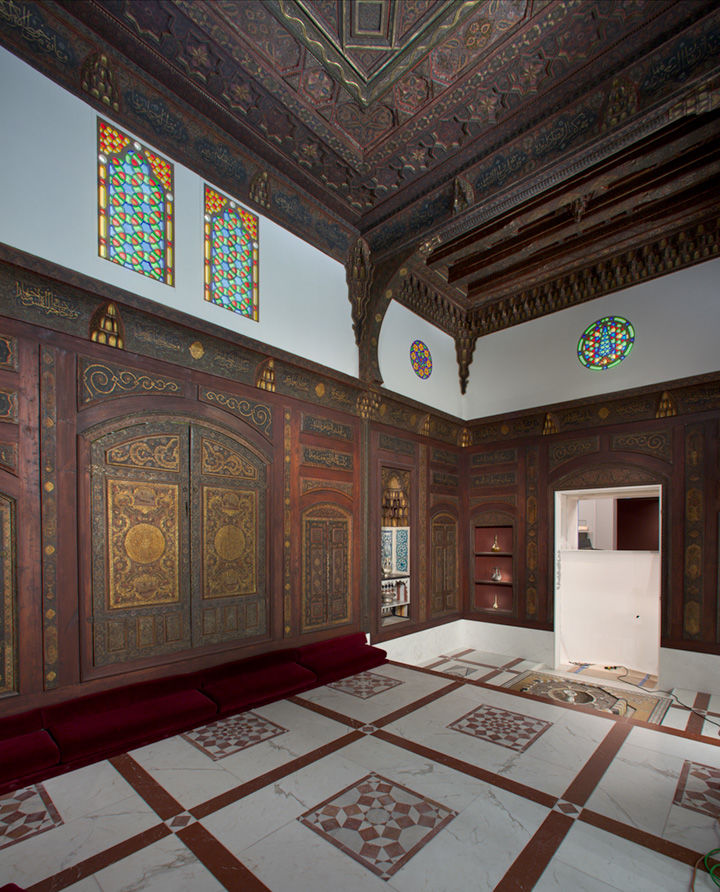 The Damascus Room. Syrian, dated A.H. 1119/A.D. 1707. Wood (poplar) with gesso relief, gold and tin leaf, glazes and paint; wood (cypress, poplar, and mulberry), mother-of-pearl, marble and other stones, stucco with glass, plaster ceramic tiles, iron, brass. 