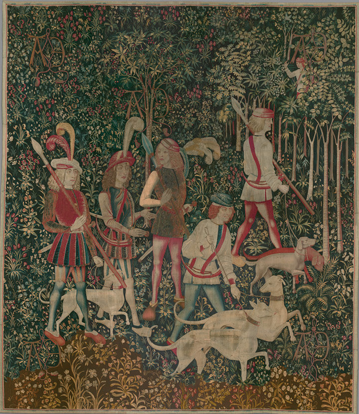 Detail of The Hunters Enter the Woods from The Unicorn Tapestries.