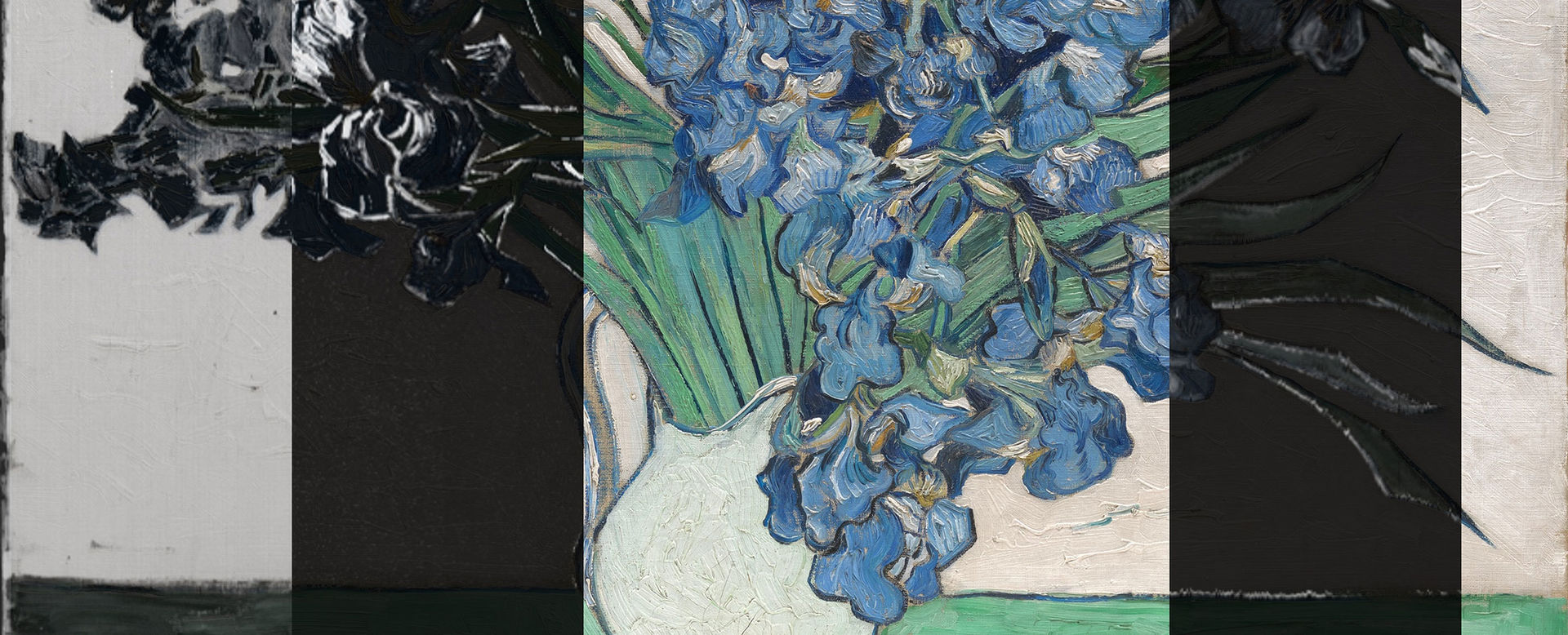 Detail of a paintings of iris flowers in a white ceramic pitcher against a white backdrop. The overall image of the painting is composed of several different bands that image the painting through different scientific methods to reveal various qualities of the painting. The scientific imagery is black-and-white sometimes resembles an x-ray.