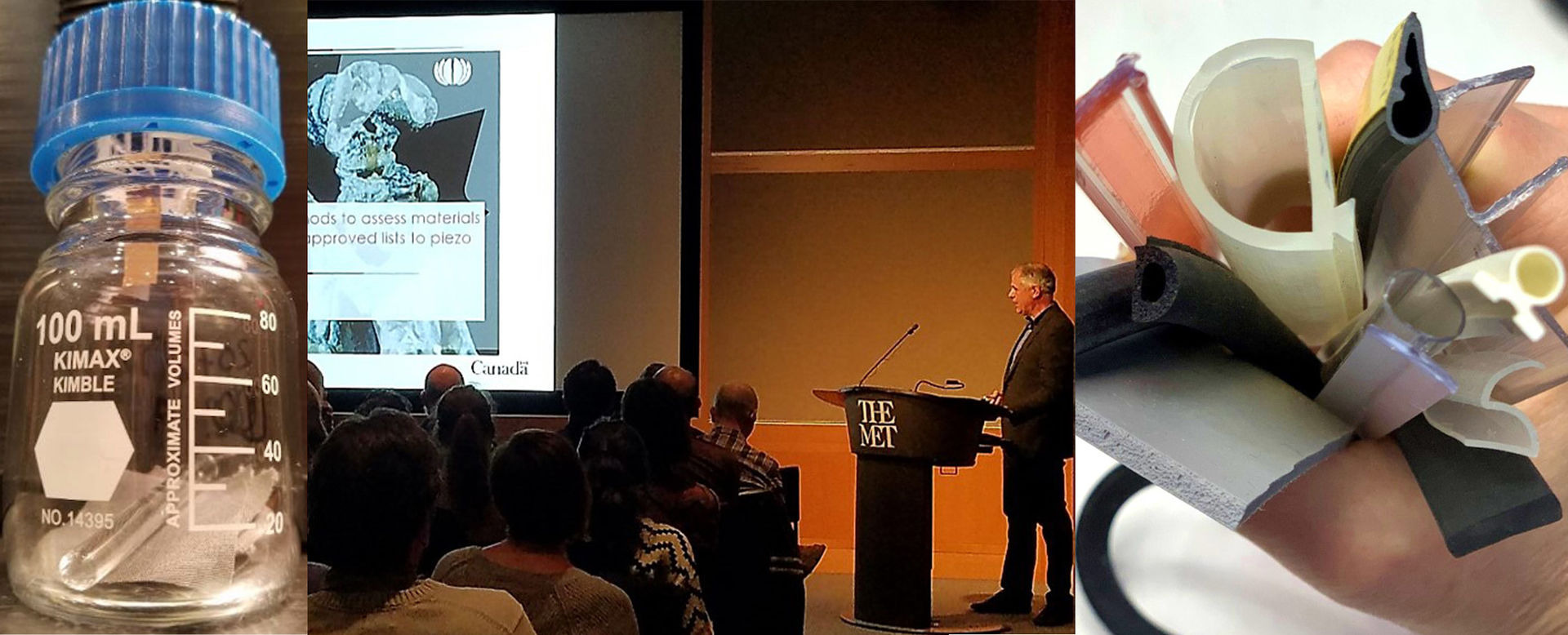 Composite of three images: on the left, a 100 mL clear clear glass bottle with blue twist top fills; in the middle, a presenter speaks at a podium gives a powerpoint presentation in front of an audience; on the right, a hand holds a bundle of variously sized black, cream, and clear-colored spherical and half-spherical tubes. 