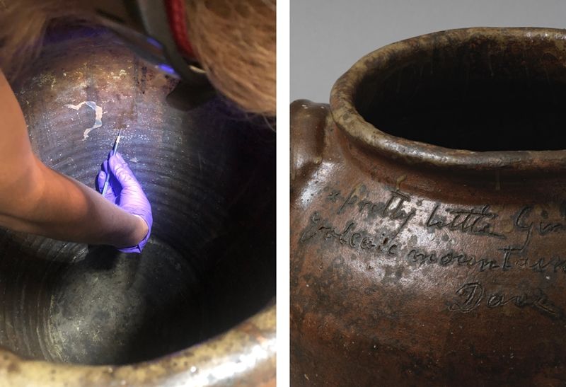 Composition image: on the left Adriana Rizzo scraps the inside of a large jar, and on the right a detail shot of a jar made by the enslaved potter Dave (later known as David Drake) shows visible handwriting engraved into the surface surrounding the edge of the jar’s opening.