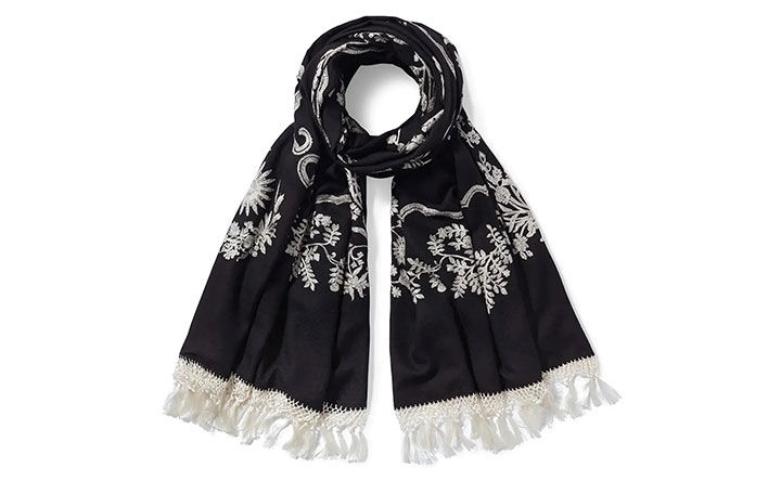 Blue floral embroidered scarf with white fringe